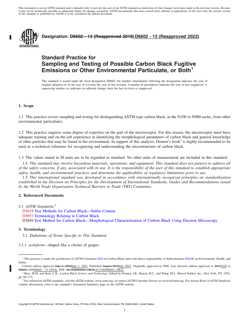 REDLINE ASTM D6602-13(2022) - Standard Practice for  Sampling and Testing of Possible Carbon Black Fugitive Emissions  or Other Environmental Particulate, or Both