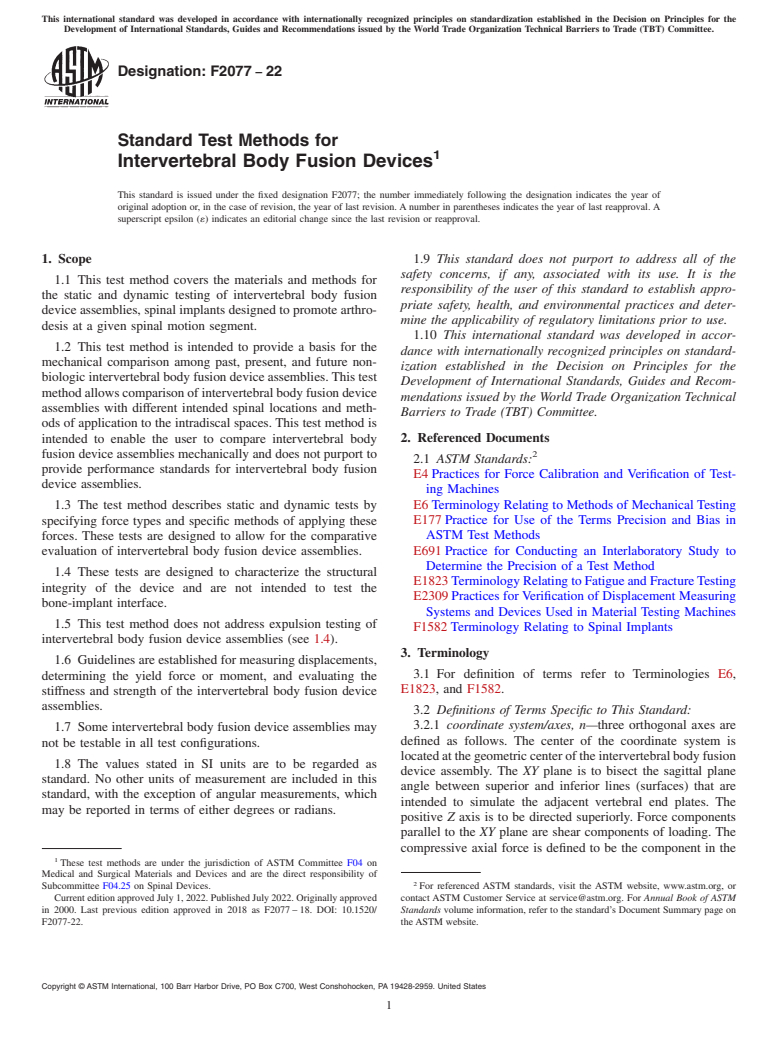 ASTM F2077-22 - Standard Test Methods for Intervertebral Body Fusion Devices