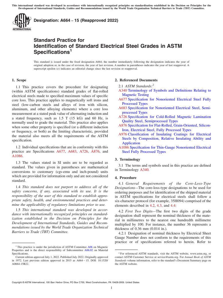 ASTM A664-15(2022) - Standard Practice for  Identification of Standard Electrical Steel Grades in ASTM   Specifications