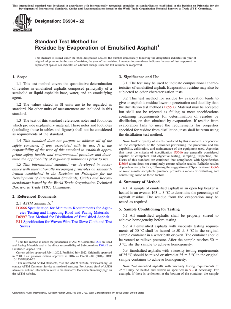 ASTM D6934-22 - Standard Test Method for  Residue by Evaporation of Emulsified Asphalt