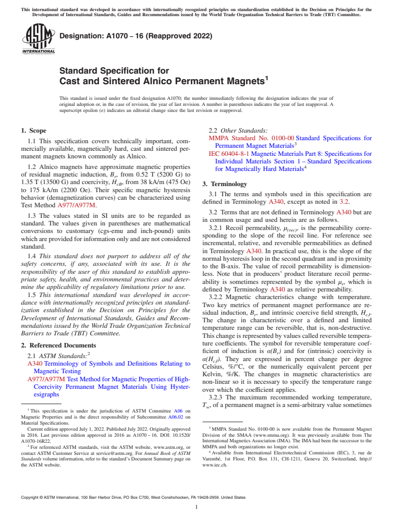 ASTM A1070-16(2022) - Standard Specification for Cast and Sintered Alnico Permanent Magnets