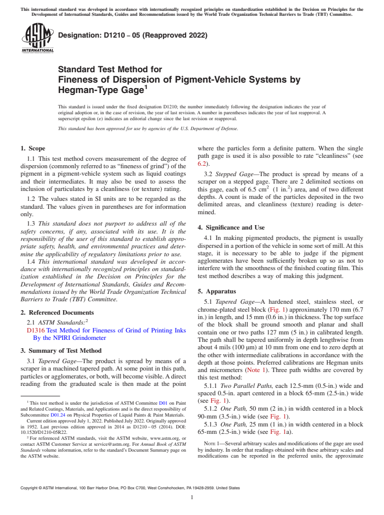 ASTM D1210-05(2022) - Standard Test Method for Fineness of Dispersion of Pigment-Vehicle Systems by Hegman-Type   Gage