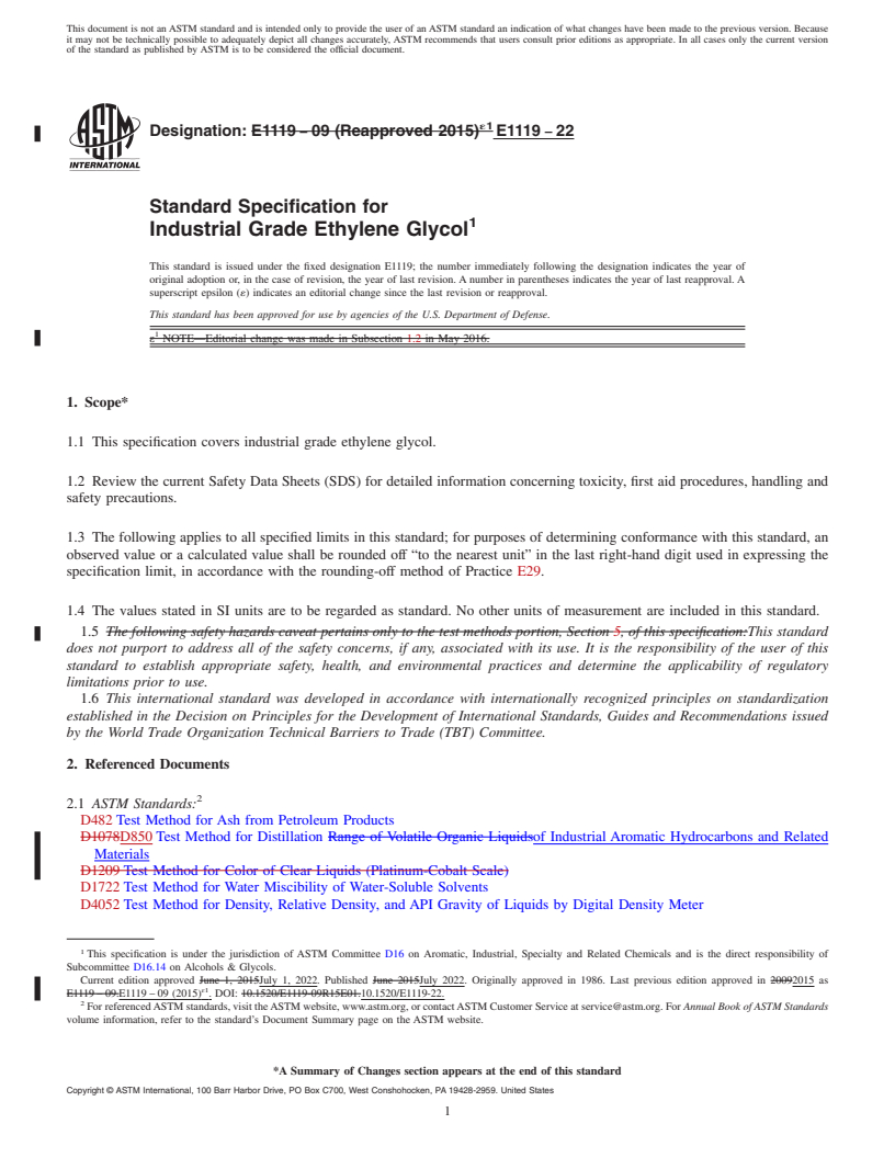 REDLINE ASTM E1119-22 - Standard Specification for Industrial Grade Ethylene Glycol