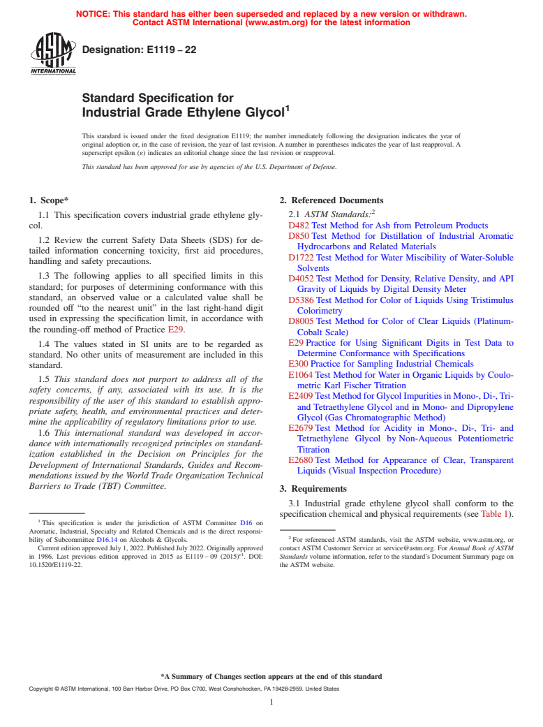 ASTM E1119-22 - Standard Specification for Industrial Grade Ethylene Glycol