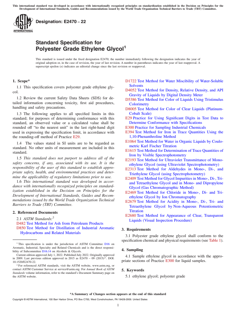 ASTM E2470-22 - Standard Specification for Polyester Grade Ethylene Glycol