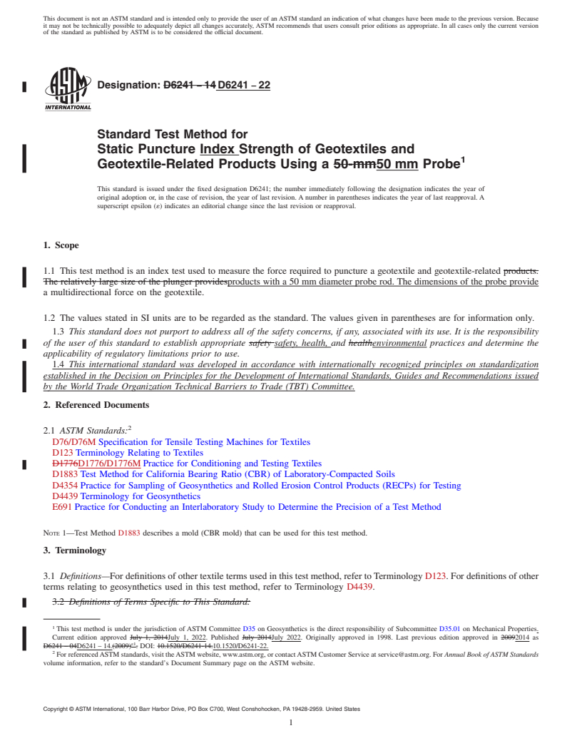 REDLINE ASTM D6241-22 - Standard Test Method for Static Puncture Index Strength of Geotextiles and Geotextile-Related  Products Using a 50 mm Probe