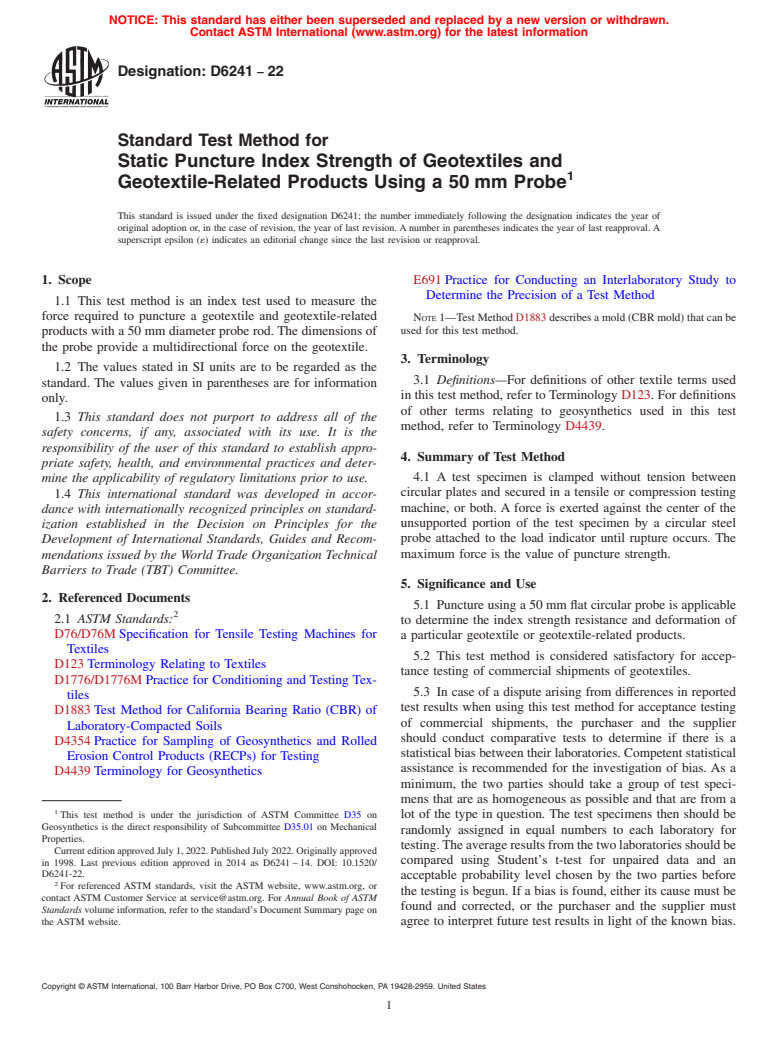 ASTM D6241-22 - Standard Test Method for Static Puncture Index Strength of Geotextiles and Geotextile-Related  Products Using a 50 mm Probe