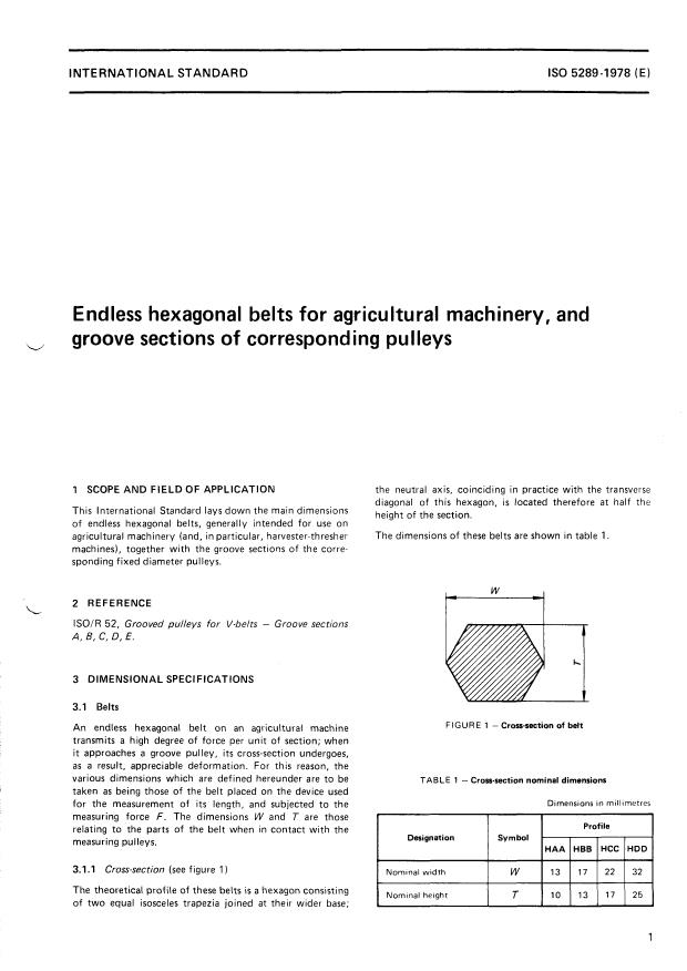 ISO 5289:1978 - Endless hexagonal belts for agricultural machinery, and groove sections of corresponding pulleys