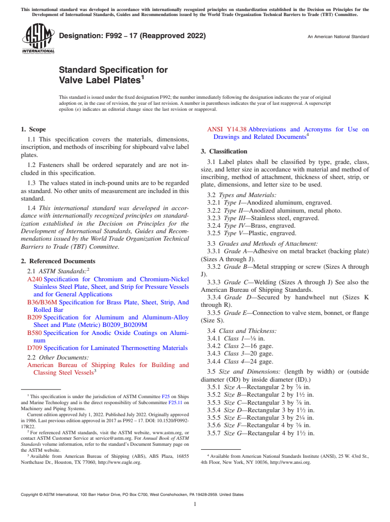 ASTM F992-17(2022) - Standard Specification for  Valve Label Plates