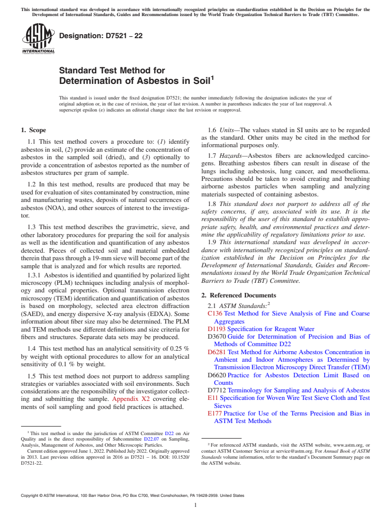 ASTM D7521-22 - Standard Test Method for Determination of Asbestos in Soil