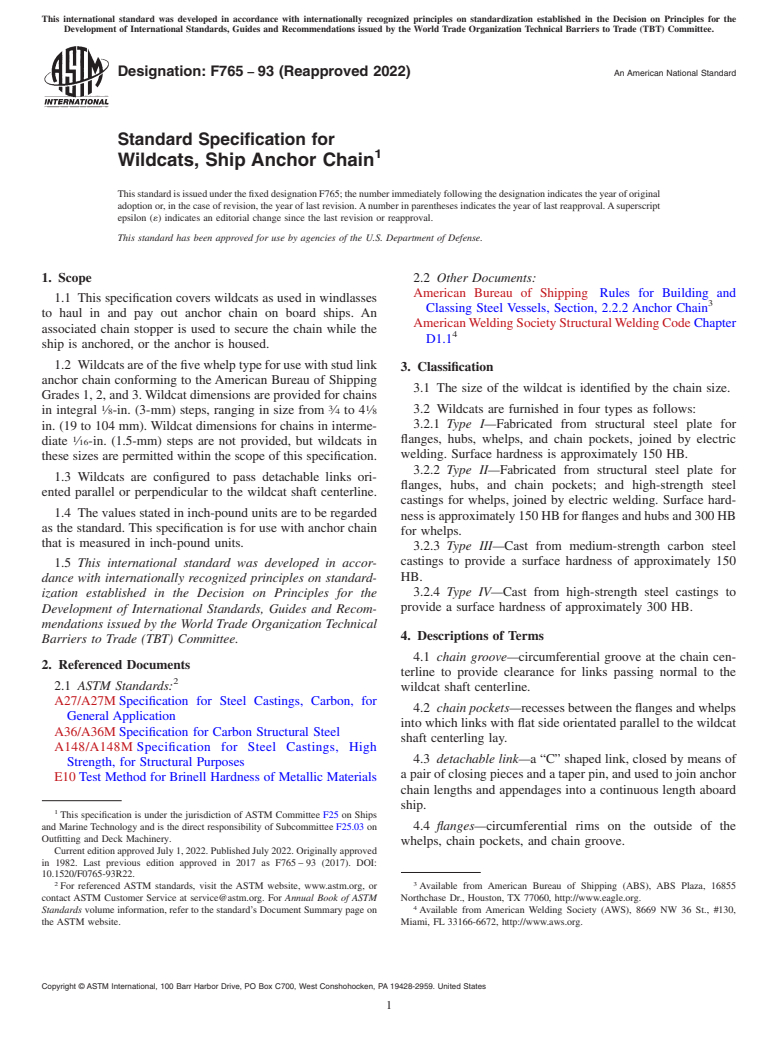 ASTM F765-93(2022) - Standard Specification for  Wildcats, Ship Anchor Chain