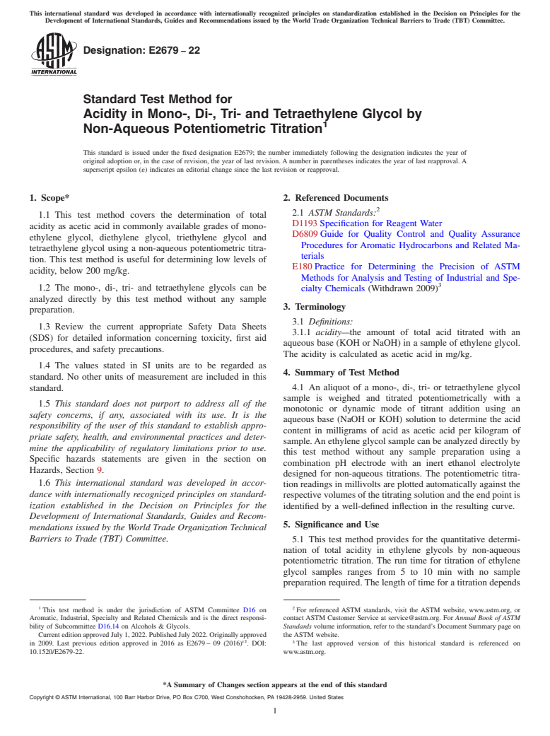 ASTM E2679-22 - Standard Test Method for Acidity in Mono-, Di-, Tri- and Tetraethylene Glycol by <brk  />Non-Aqueous Potentiometric Titration