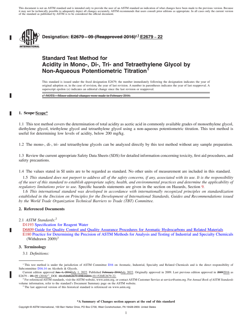 REDLINE ASTM E2679-22 - Standard Test Method for Acidity in Mono-, Di-, Tri- and Tetraethylene Glycol by <brk  />Non-Aqueous Potentiometric Titration