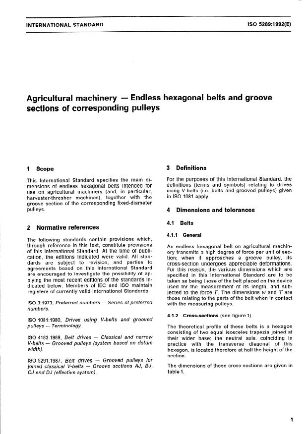 ISO 5289:1992 - Agricultural machinery -- Endless hexagonal belts and groove sections of corresponding pulleys