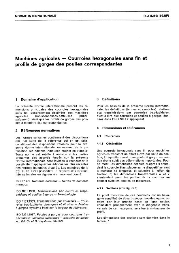 ISO 5289:1992 - Machines agricoles -- Courroies hexagonales sans fin et profils de gorges des poulies correspondantes
