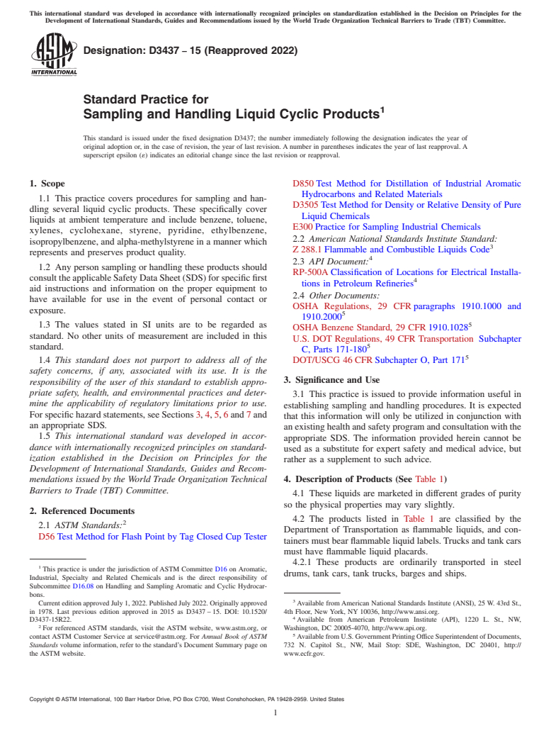 ASTM D3437-15(2022) - Standard Practice for Sampling and Handling Liquid Cyclic Products