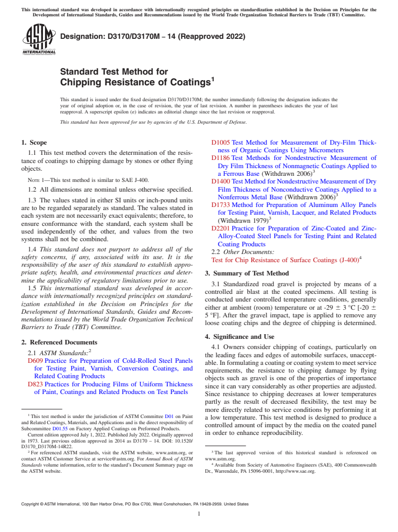 ASTM D3170/D3170M-14(2022) - Standard Test Method for Chipping Resistance of Coatings