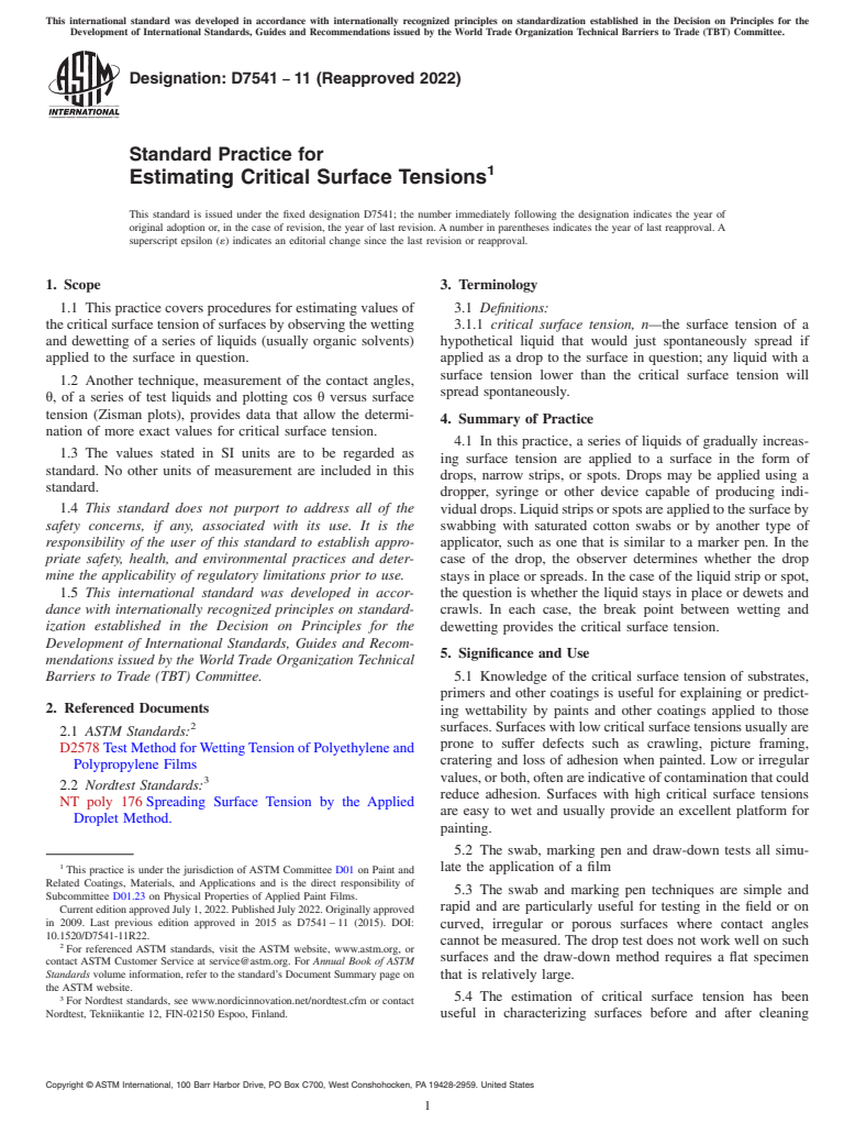 ASTM D7541-11(2022) - Standard Practice for Estimating Critical Surface Tensions