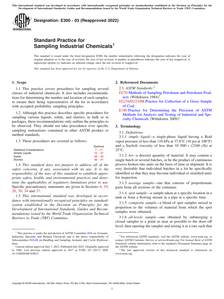 ASTM E300-03(2022) - Standard Practice for Sampling Industrial Chemicals