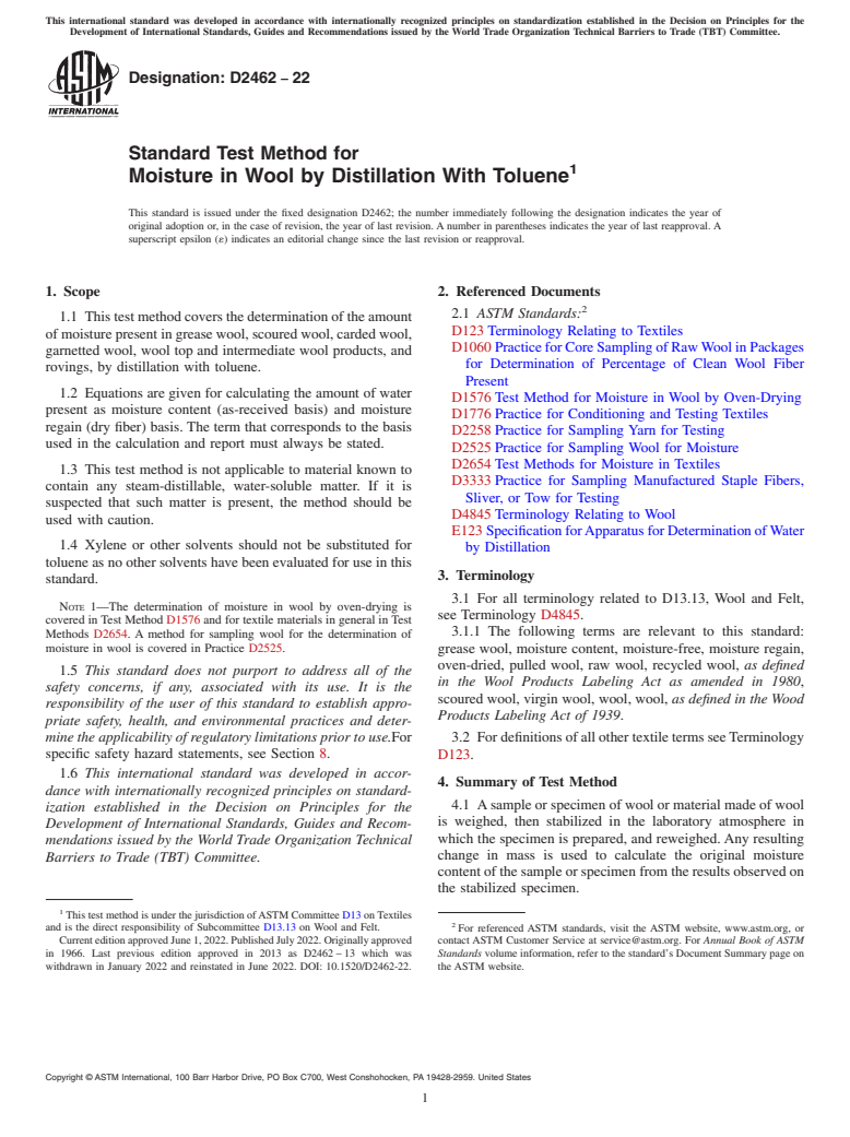 ASTM D2462-22 - Standard Test Method for  Moisture in Wool by Distillation With Toluene