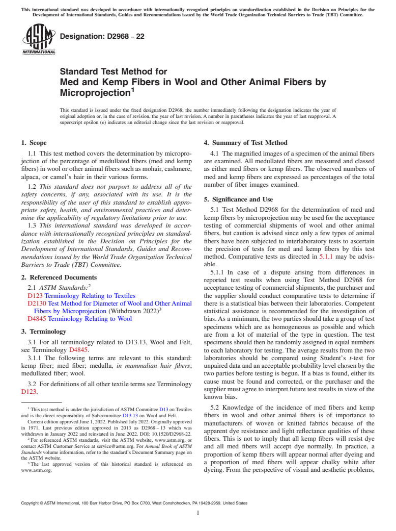 ASTM D2968-22 - Standard Test Method for  Med and Kemp Fibers in Wool and Other Animal Fibers by Microprojection