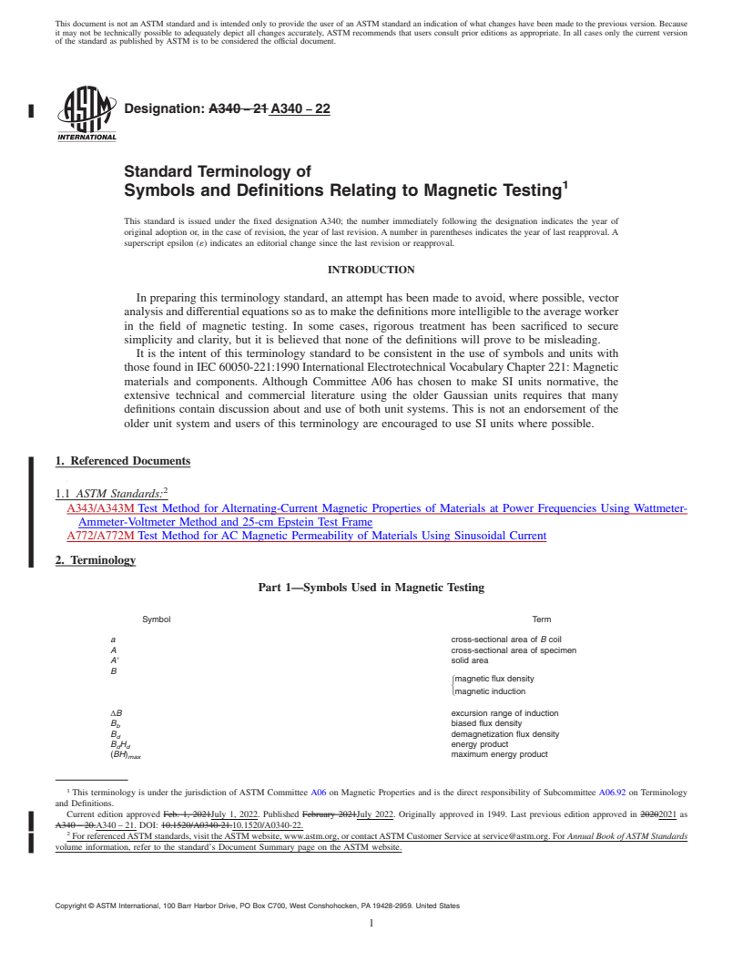 REDLINE ASTM A340-22 - Standard Terminology of Symbols and Definitions Relating to Magnetic Testing