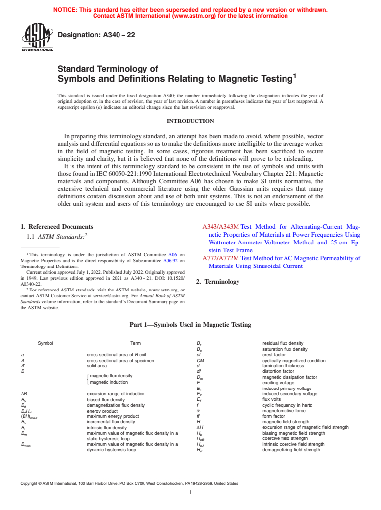 ASTM A340-22 - Standard Terminology of Symbols and Definitions Relating to Magnetic Testing