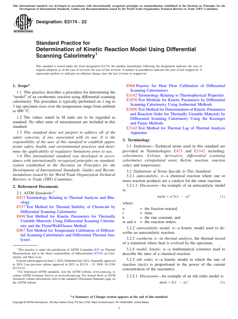 ASTM E3174-22 - Standard Practice for Determination of Kinetic Reaction Model Using Differential  Scanning Calorimetry