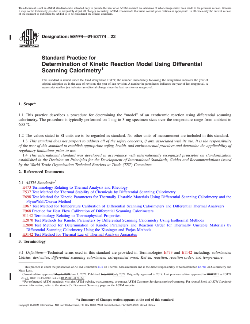 REDLINE ASTM E3174-22 - Standard Practice for Determination of Kinetic Reaction Model Using Differential  Scanning Calorimetry