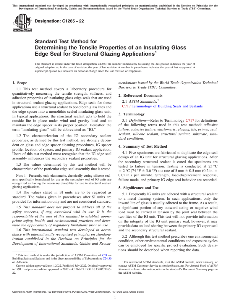 ASTM C1265-22 - Standard Test Method for  Determining the Tensile Properties of an Insulating Glass Edge  Seal for Structural Glazing Applications