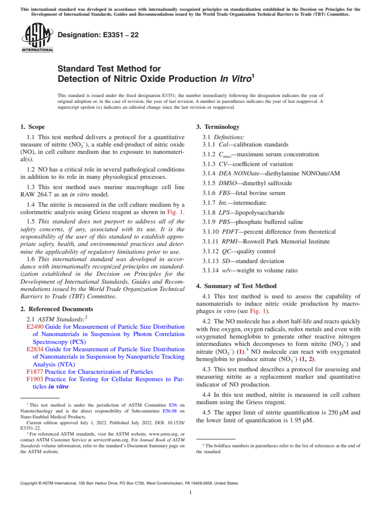 ASTM E3351-22 - Standard Test Method for Detection of Nitric Oxide Production <emph type="bdit">In Vitro</emph  >
