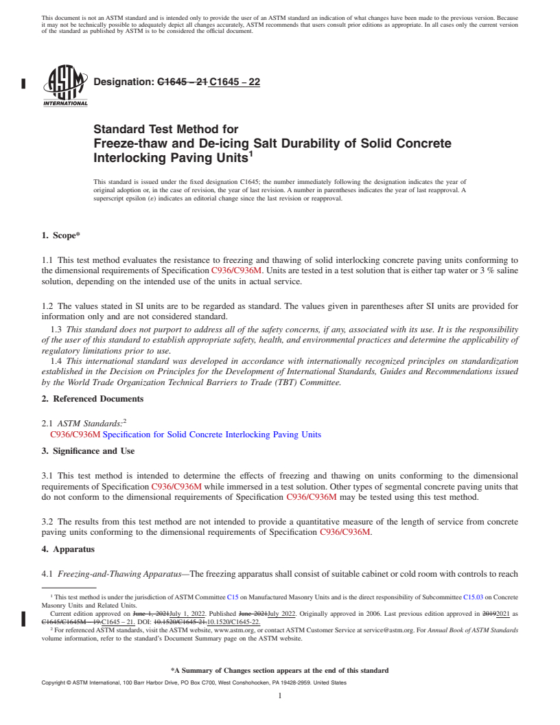 REDLINE ASTM C1645-22 - Standard Test Method for Freeze-thaw and De-icing Salt Durability of Solid Concrete  Interlocking Paving Units