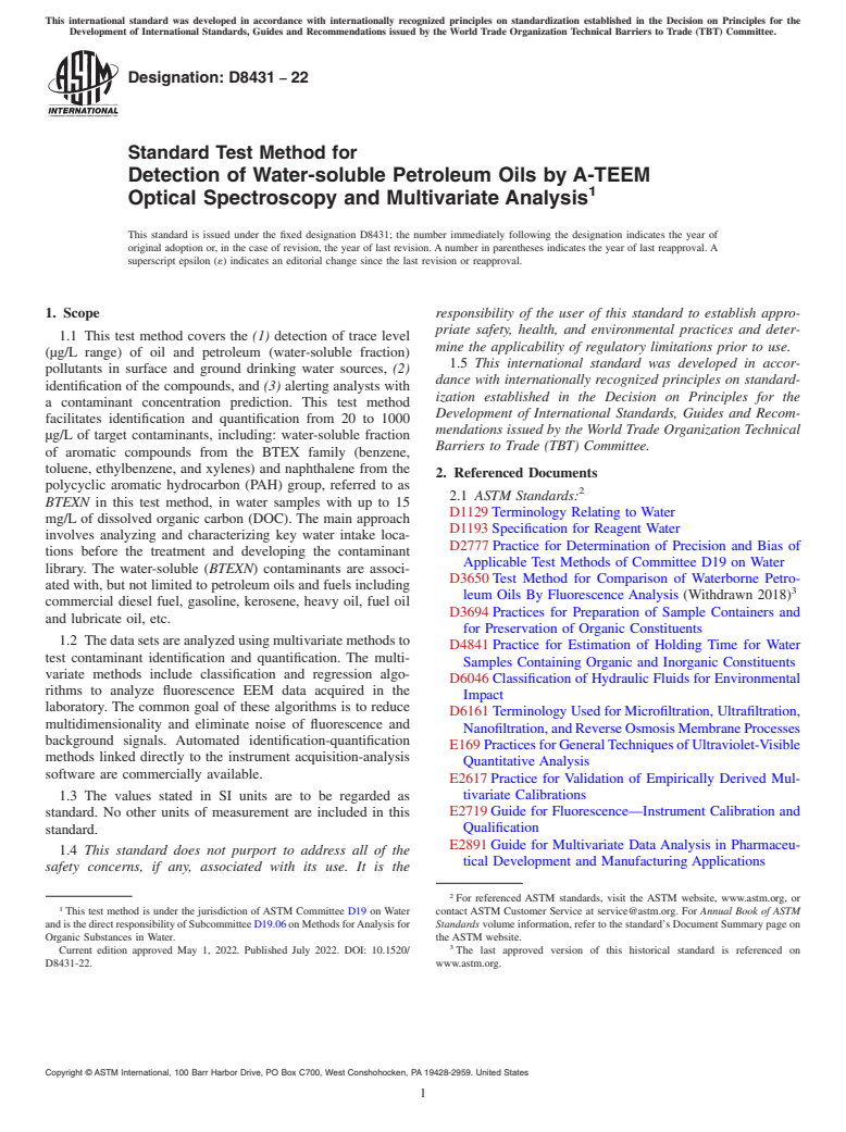 ASTM D8431-22 - Standard Test Method for Detection of Water-soluble Petroleum Oils by A-TEEM Optical  Spectroscopy and Multivariate Analysis