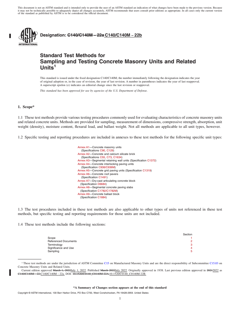 REDLINE ASTM C140/C140M-22b - Standard Test Methods for Sampling and Testing Concrete Masonry Units and Related Units