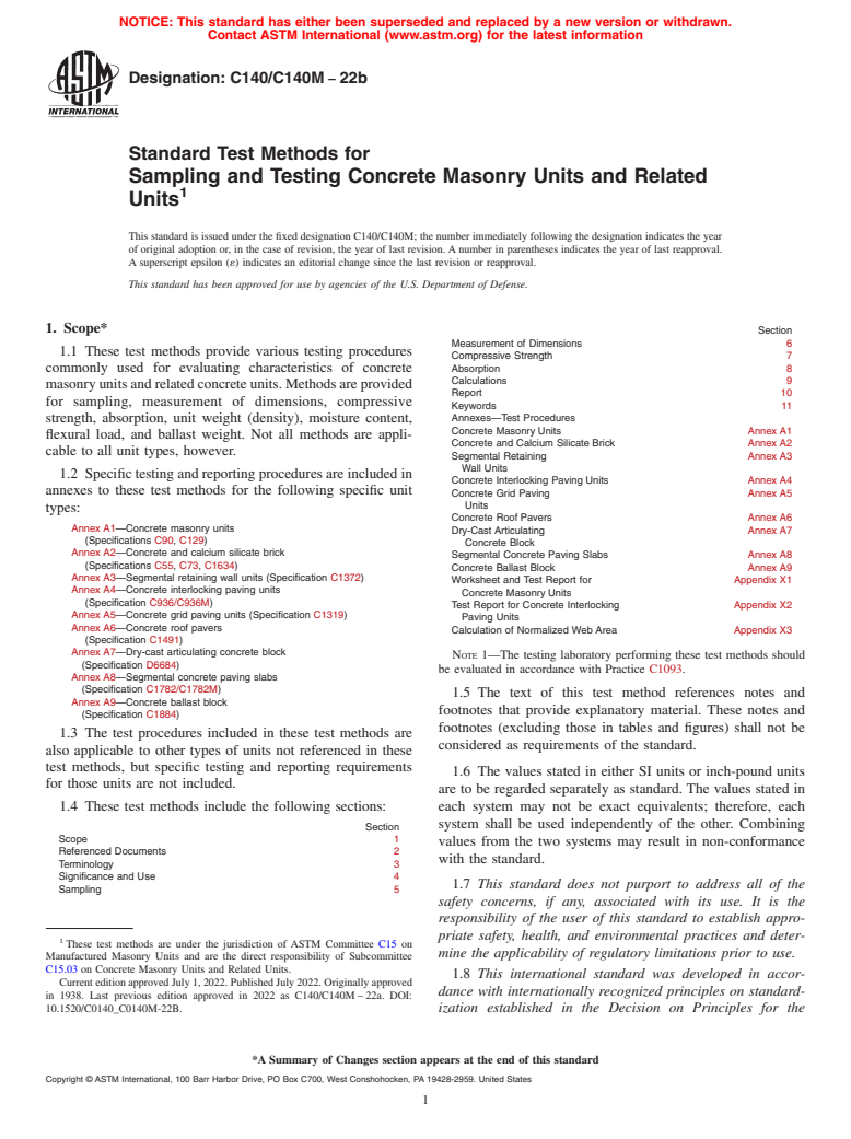 ASTM C140/C140M-22b - Standard Test Methods for Sampling and Testing Concrete Masonry Units and Related Units
