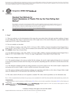 ASTM D1709-22 REDLINE ASTM D1709-22 - Standard Test Methods for Impact Resistance of Plastic Film by the Free-Falling Dart Method - Page 1 preview