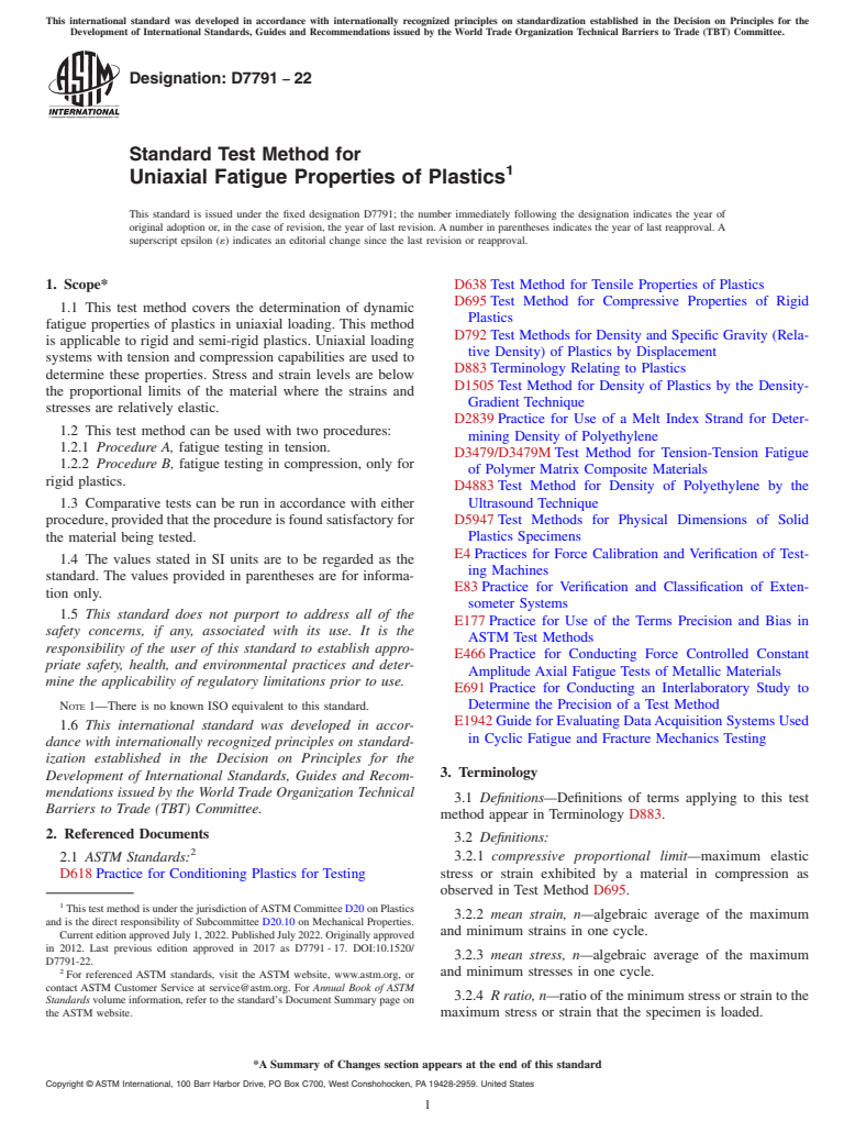 ASTM D7791-22 - Standard Test Method for  Uniaxial Fatigue Properties of Plastics