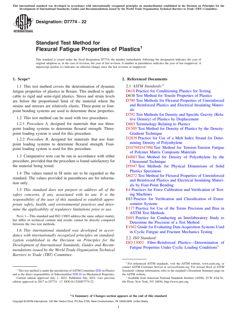 ASTM D7774-22 - Standard Test Method for  Flexural Fatigue Properties of Plastics