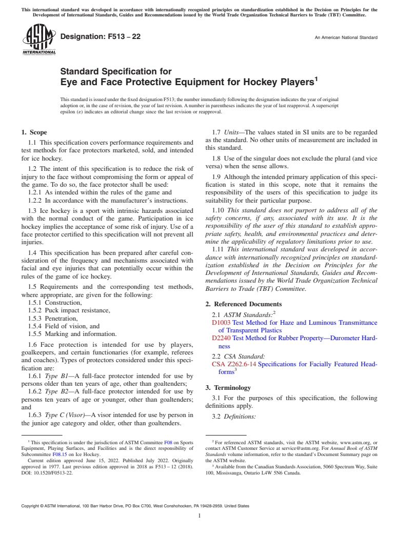 ASTM F513-22 - Standard Specification for  Eye and Face Protective Equipment for Hockey Players