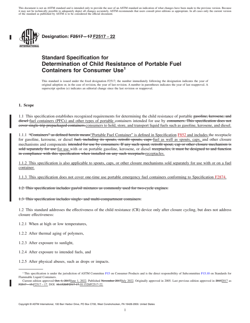 REDLINE ASTM F2517-22 - Standard Specification for  Determination of Child Resistance of Portable Fuel Containers  for Consumer Use