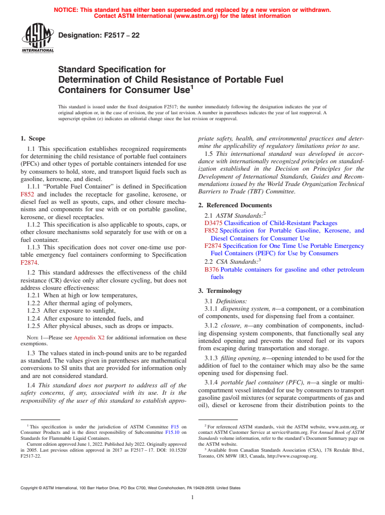 ASTM F2517-22 - Standard Specification for  Determination of Child Resistance of Portable Fuel Containers  for Consumer Use