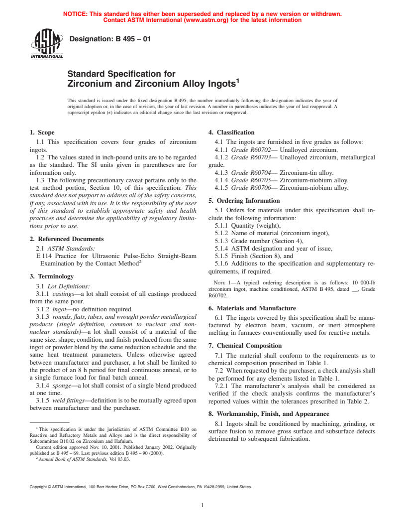 ASTM B495-01 - Standard Specification for Zirconium and Zirconium Alloy Ingots