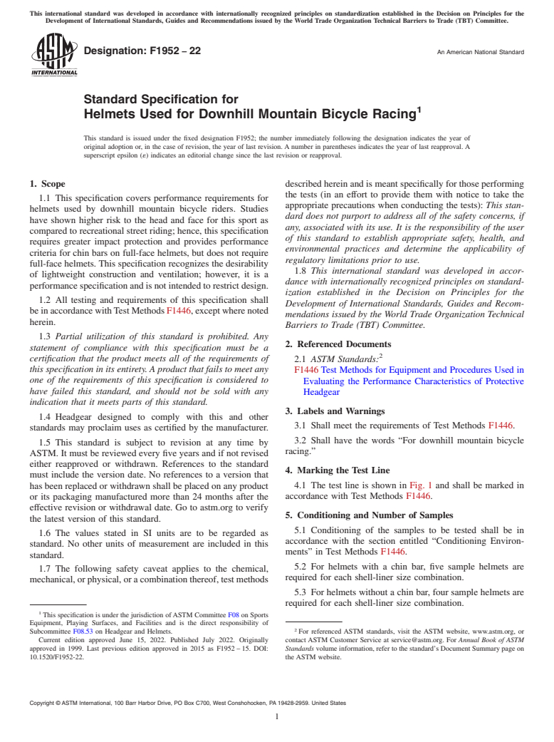 ASTM F1952-22 - Standard Specification for Helmets Used for Downhill Mountain Bicycle Racing