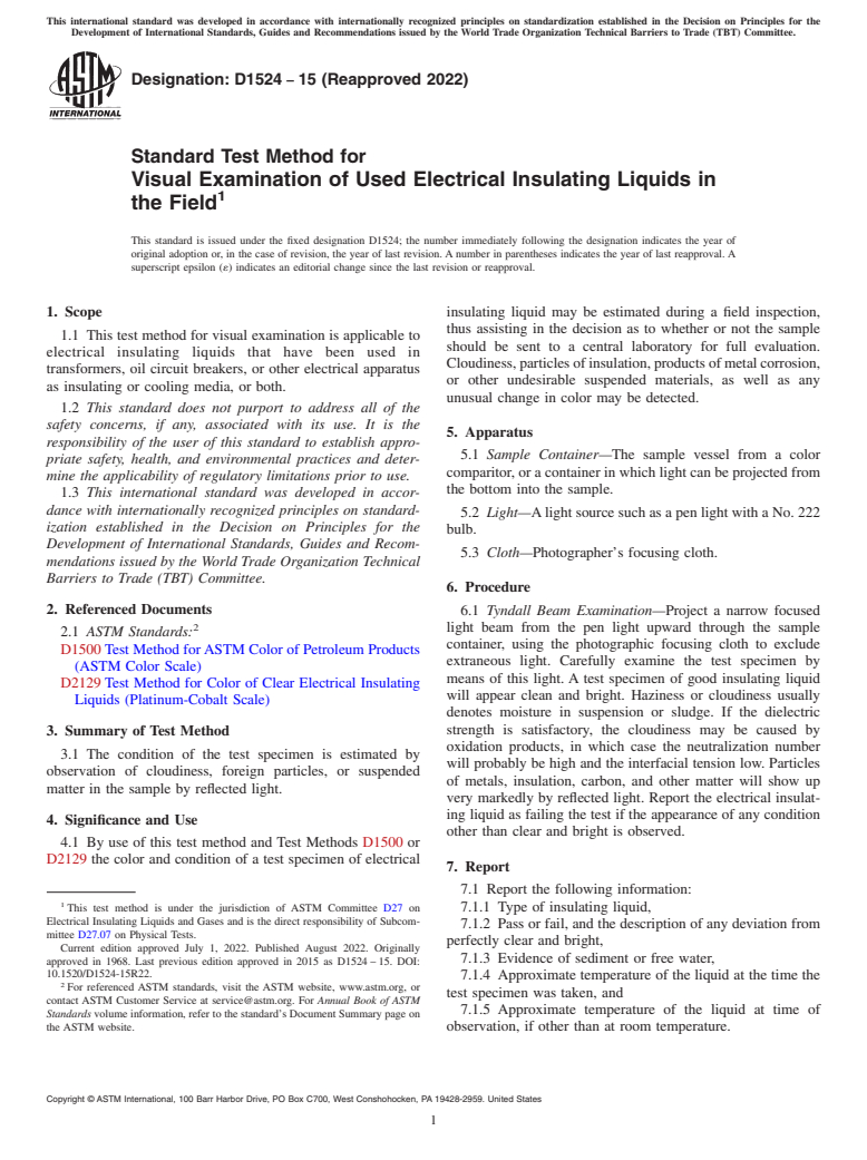 ASTM D1524-15(2022) - Standard Test Method for  Visual Examination of Used Electrical Insulating Liquids in  the Field