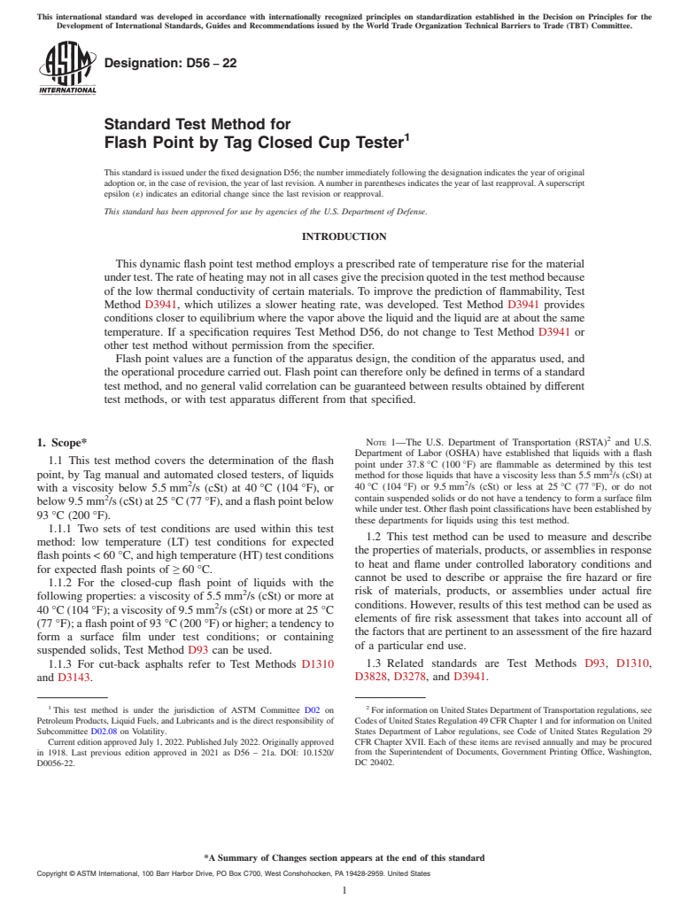 ASTM D56-22 - Standard Test Method for  Flash Point by Tag Closed Cup Tester