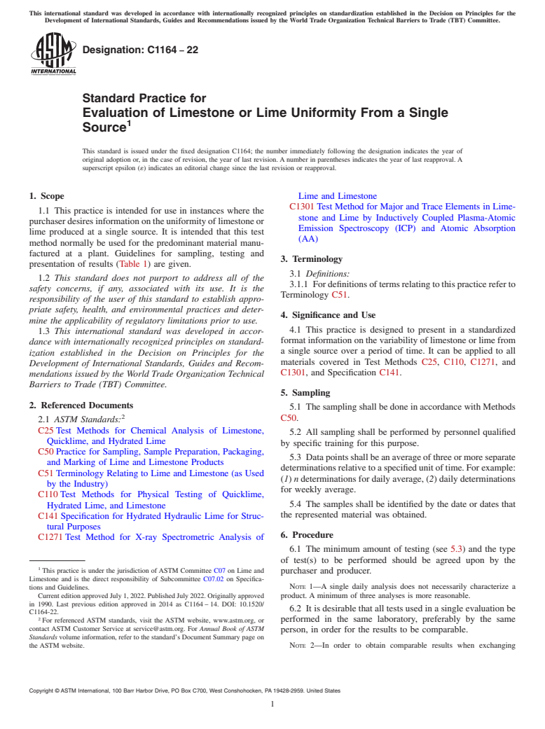 ASTM C1164-22 - Standard Practice for  Evaluation of Limestone or Lime Uniformity From a Single Source
