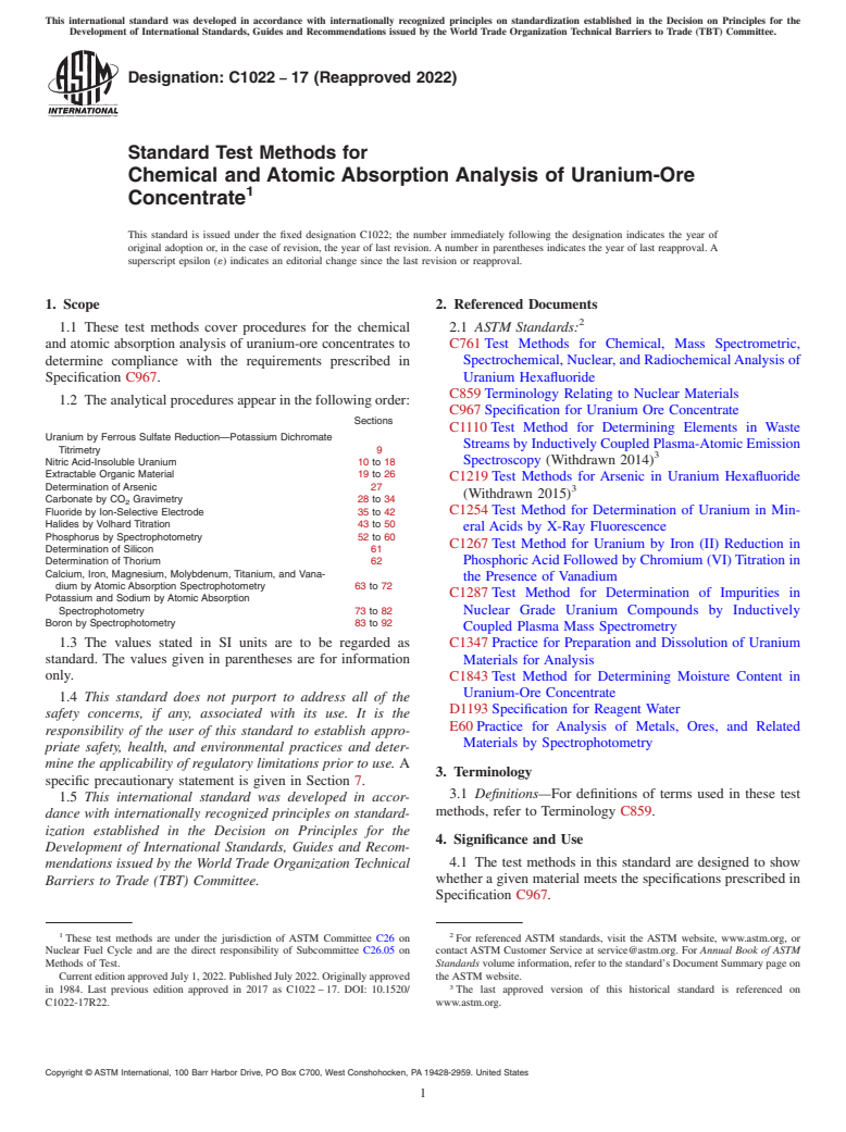 ASTM C1022-17(2022) - Standard Test Methods for  Chemical and Atomic Absorption Analysis of Uranium-Ore Concentrate