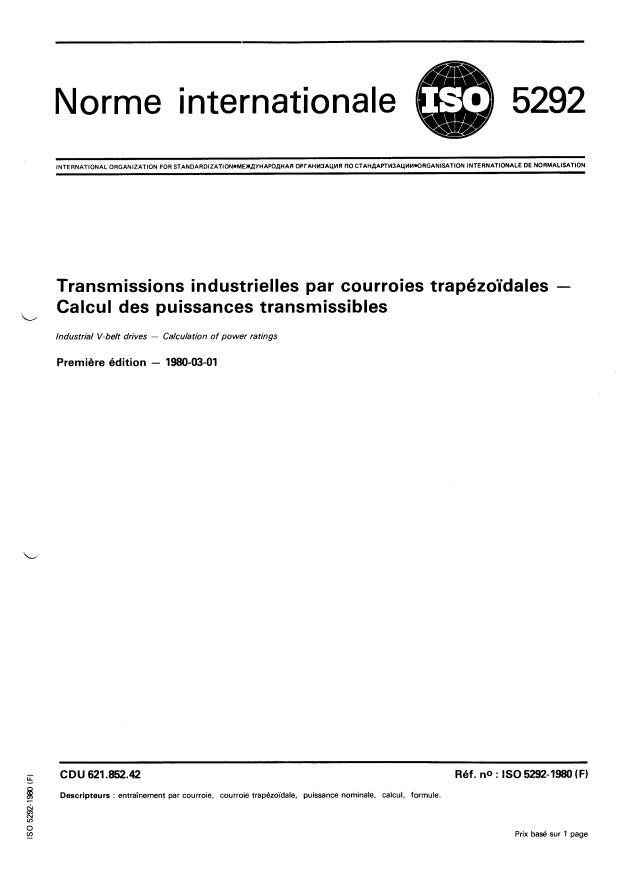 ISO 5292:1980 - Transmissions industrielles par courroies trapézoidales -- Calcul des puissances transmissibles