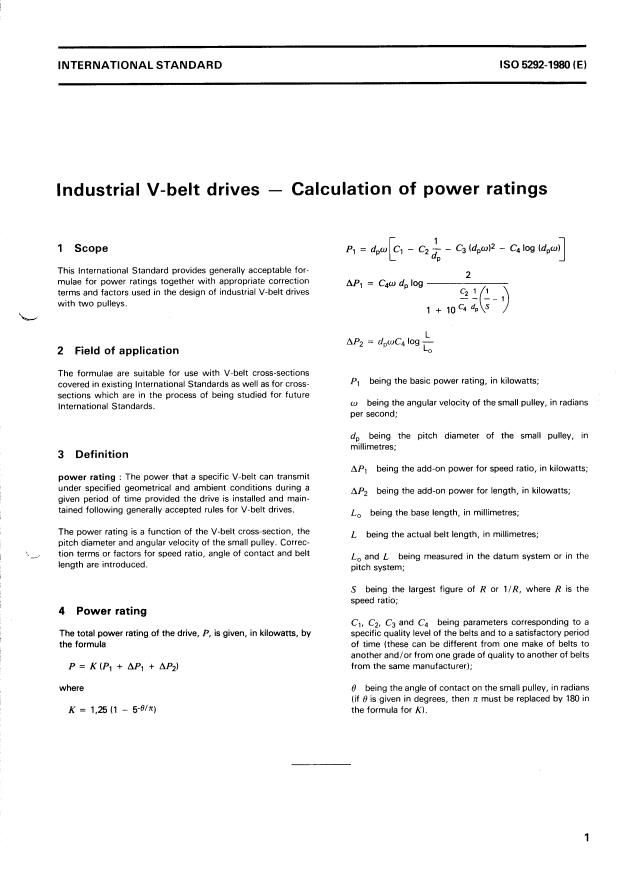 ISO 5292:1980 - Industrial V-belt drives -- Calculation of power ratings