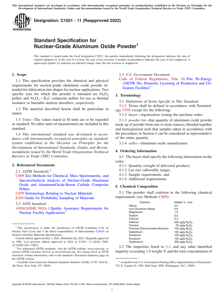 ASTM C1031-11(2022) - Standard Specification for  Nuclear-Grade Aluminum Oxide Powder